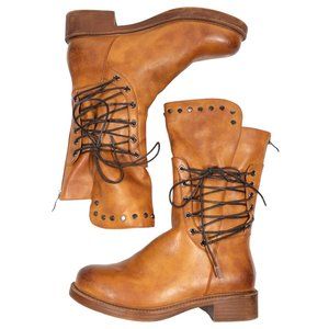 Tan Studded Distressed Lace Up Mid Calf Full Zip Boots Womens 7 EU 37